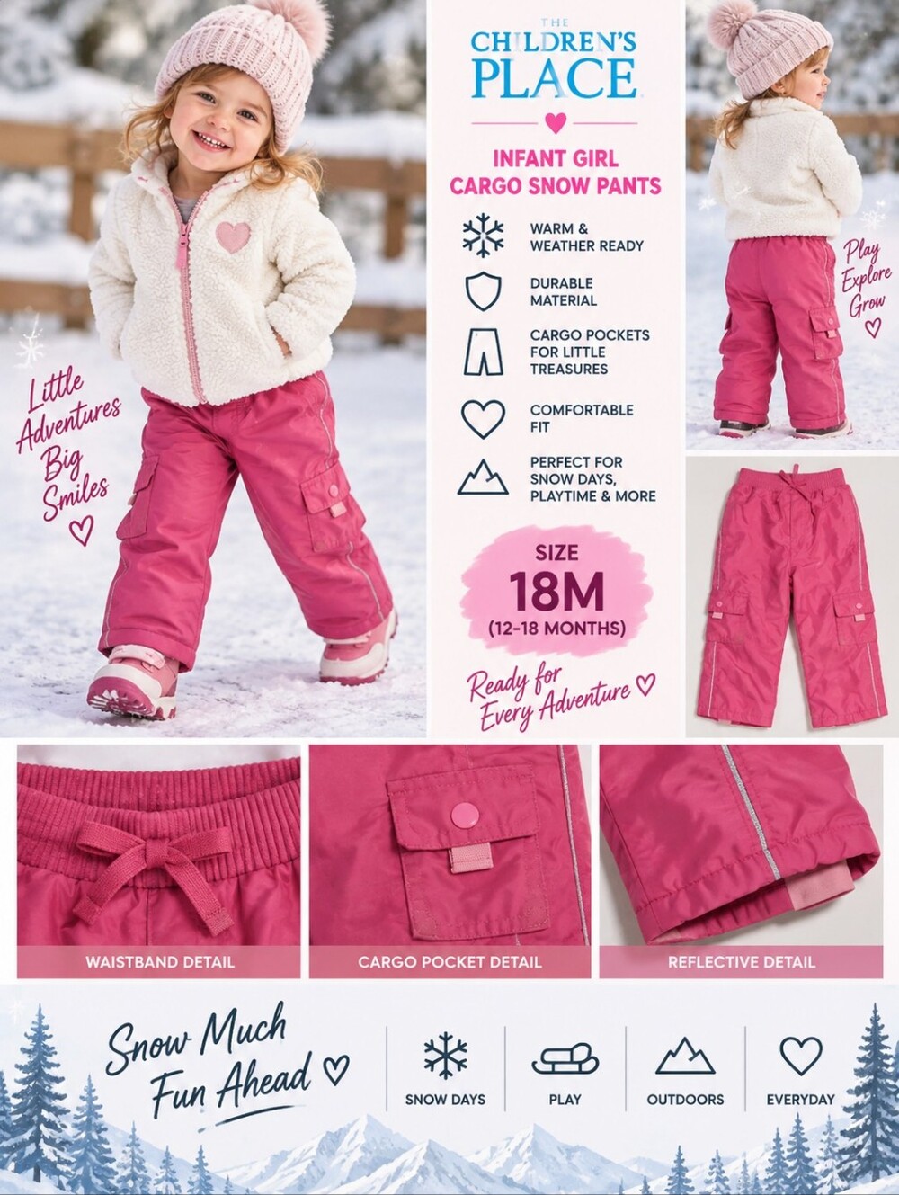 Children's Place infant girl 18m Pink cargo snow pants #29